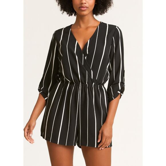 IRIS Romper Jumpsuit black white stripped faux wrap pockets elastic waist SZ SM - Picture 1 of 10